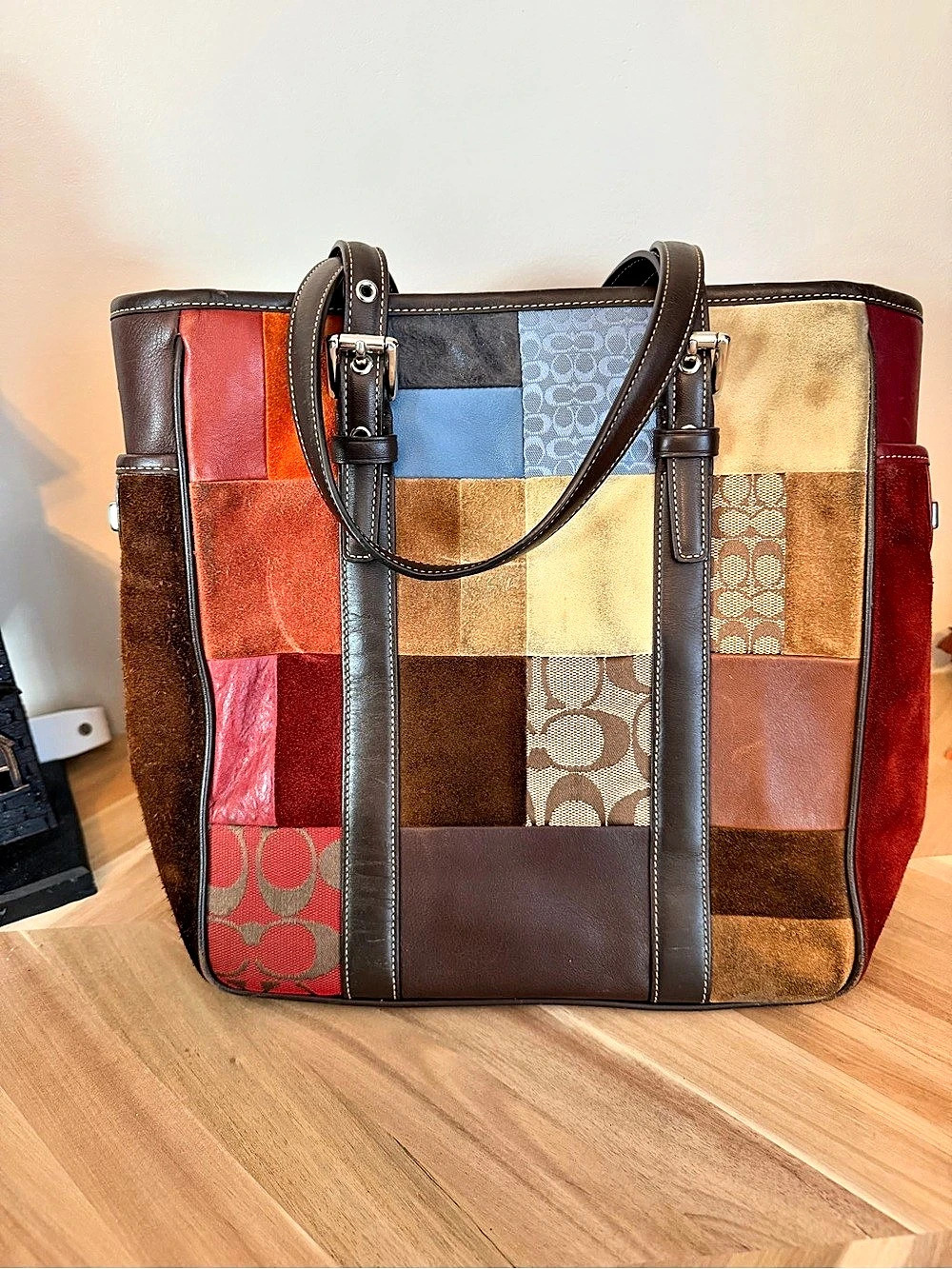 Coach Holiday Patchwork Gallery Tote Brown & Red